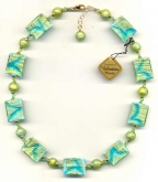 Aqua and Cracked Gold Rectangle Necklace